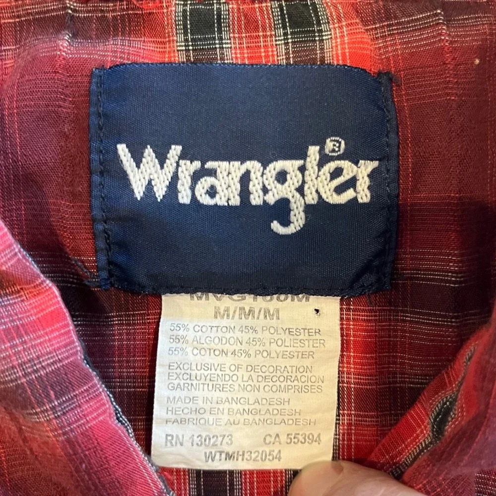 Wrangler‎ Mens Western Snap Shirt Red Black Plaid Cowboy Workwear Medium Pearl